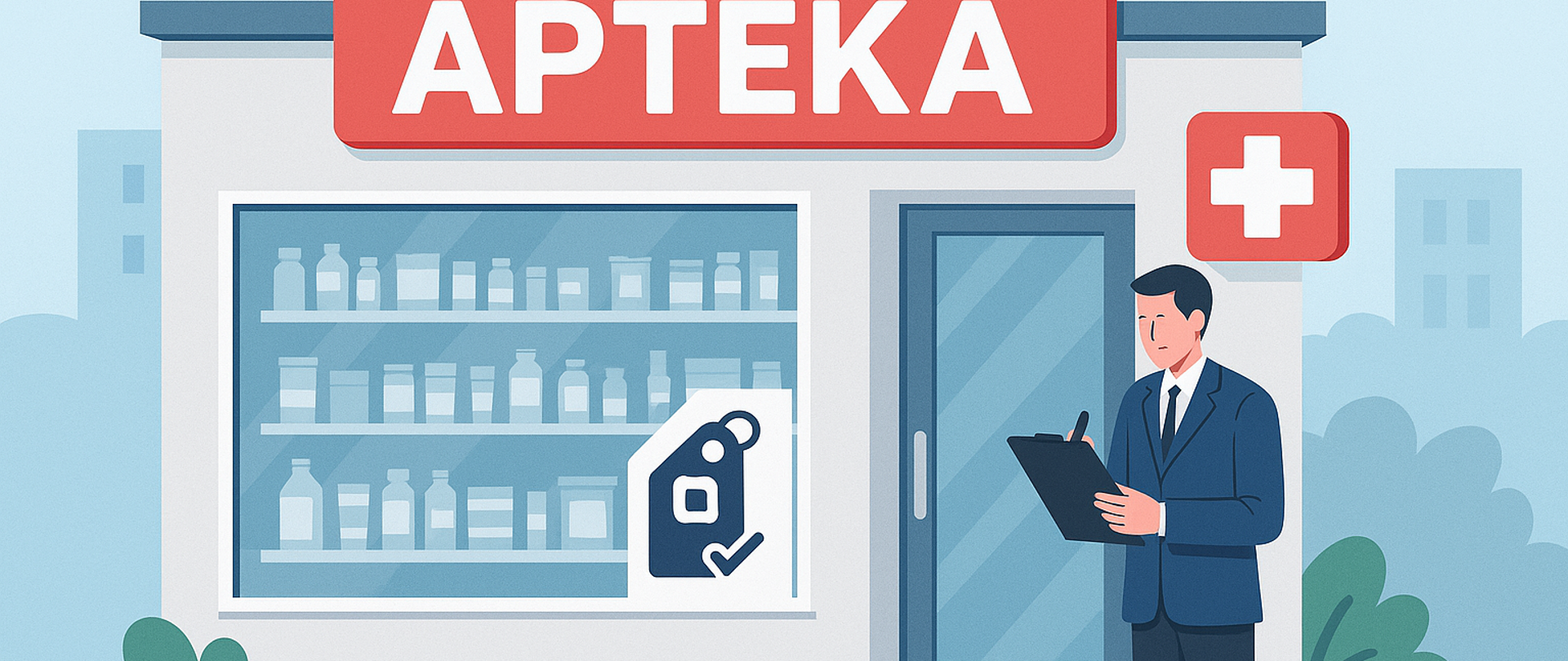 Grafika prezentująca mężczyznę - kontrolera stojącego przed Apteką, notuje coś. 