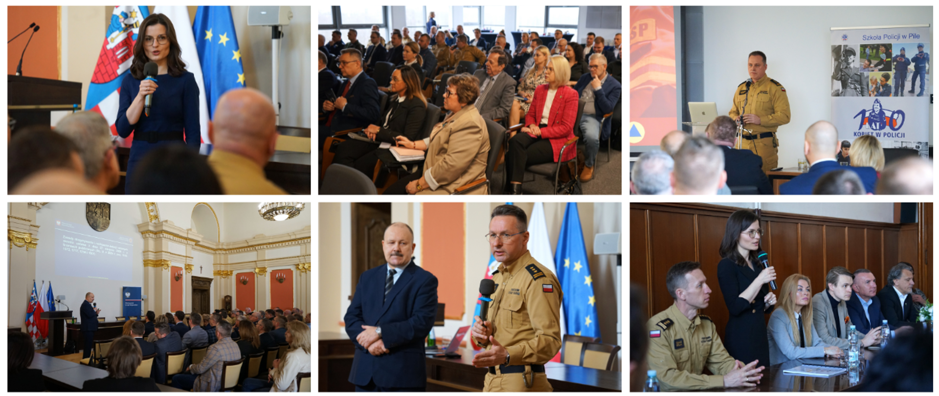 Kolaż zdjęć przedstawiających spotkania z samorządowcami z udziałem wojewody wielkopolskiej i przedstawicieli Państwowej Straży Pożarnej 