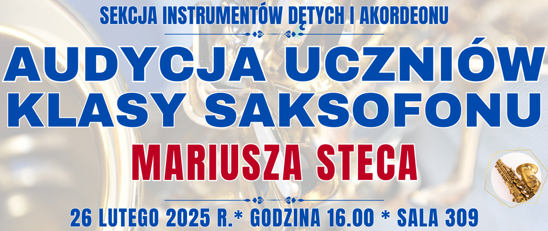 baner w jasnym kolorze w tle półprzezroczysty saksofon oraz informacja o wydarzeniu