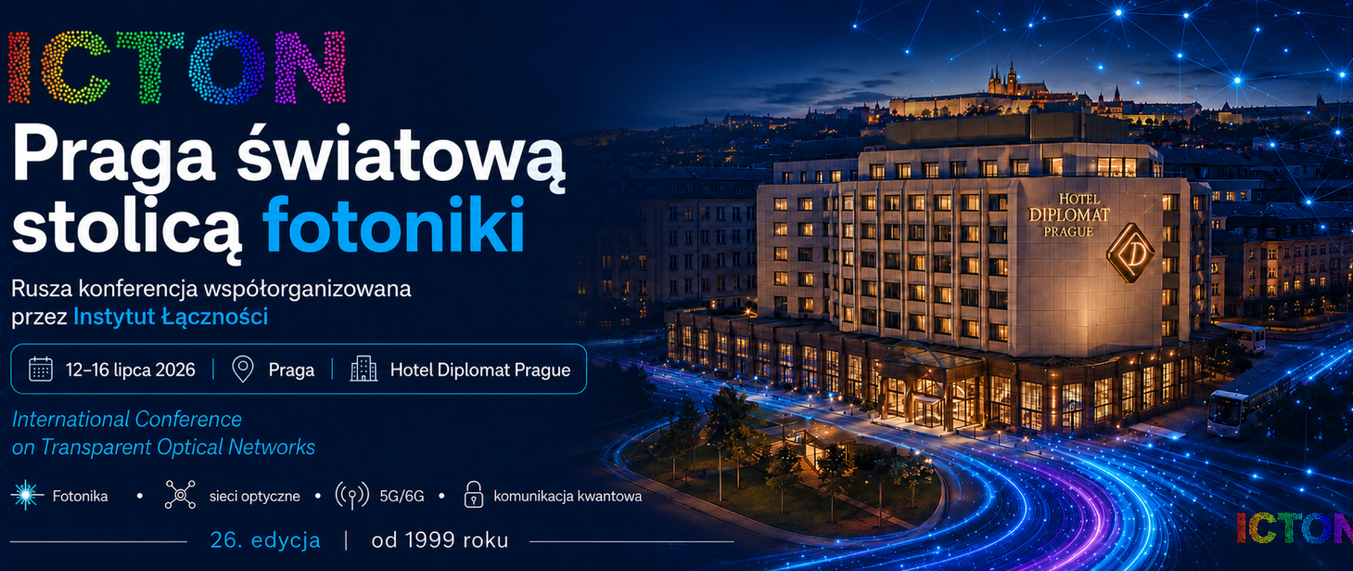 Grafika przedstawiająca hotel w którym będzie konferencja i tytuł na grafice "Praga światową stolicą fotoniki"