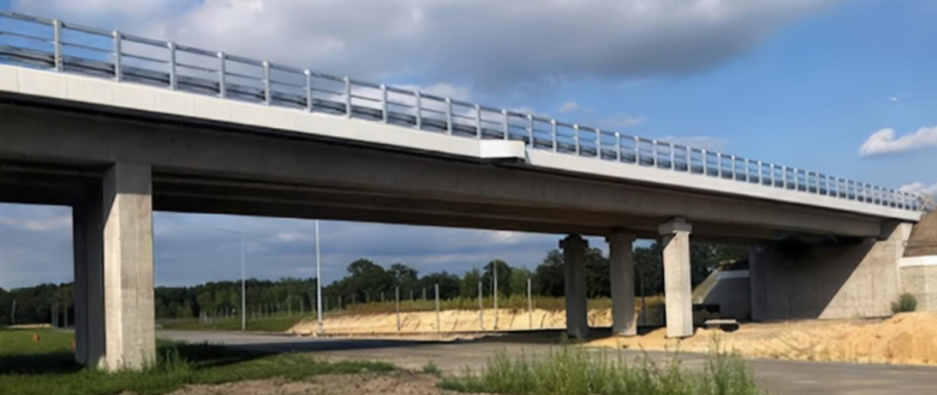 Betonowy most z barierkami nad drogą i trawą, wsparty na filarach, z niebem w tle.