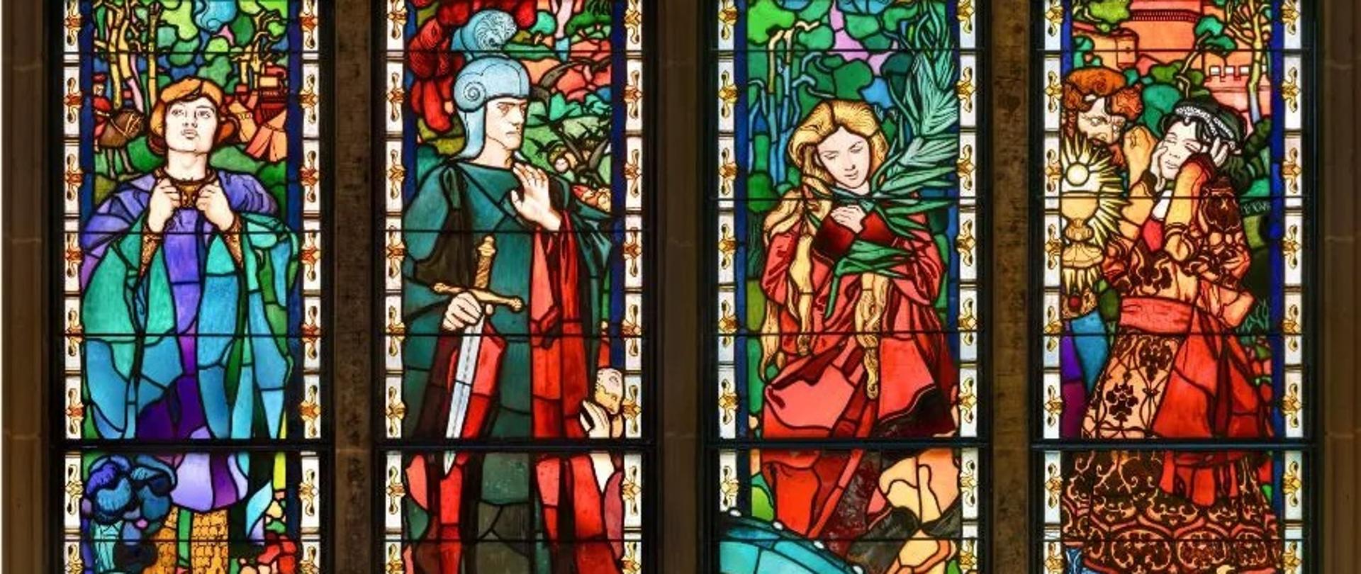 Grafika przedstawia witraż Józefa Mehoffera we Fryburgu
