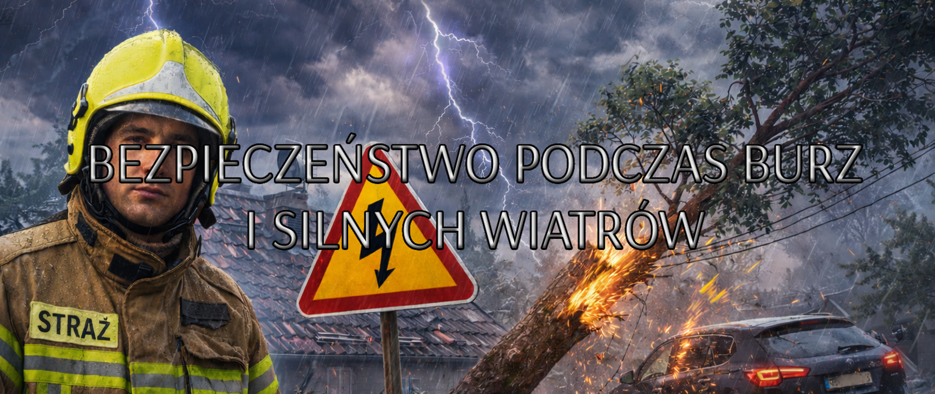 Tło i atmosfera: Przedstawia dramatyczną scenę nawałnicy. Niebo jest ciemne, pokryte gęstymi, burzowymi chmurami, przez które przebijają liczne wyładowania atmosferyczne (pioruny). Widoczny jest silny deszcz.
Postać strażaka: Po lewej stronie, na pierwszym planie, znajduje się strażak w pełnym umundurowaniu bojowym i żółtym hełmie. Ma poważny wyraz twarzy, patrząc bezpośrednio w stronę widza. Na jego piersi widnieje wyraźny napis „STRAŻ”.
Scena zniszczeń:
W centralnej części i po prawej stronie widać skutki silnego wiatru. Duże drzewo zostało złamane i upada na zaparkowany samochód osobowy.
W miejscu uderzenia pnia o auto widoczne są iskry, co sugeruje zerwanie linii energetycznych lub gwałtowne uderzenie.
W tle widać dachy domów mieszkalnych.
Element ostrzegawczy: Pomiędzy strażakiem a spadającym drzewem umieszczono żółty, trójkątny znak ostrzegawczy z czarnym symbolem błyskawicy, oznaczający zagrożenie porażeniem prądem.
Tekst na obrazie
W centralnej części grafiki znajduje się duży napis w kolorze szarym z czarnym obramowaniem:
BEZPIECZEŃSTWO PODCZAS BURZ I SILNYCH WIATRÓW