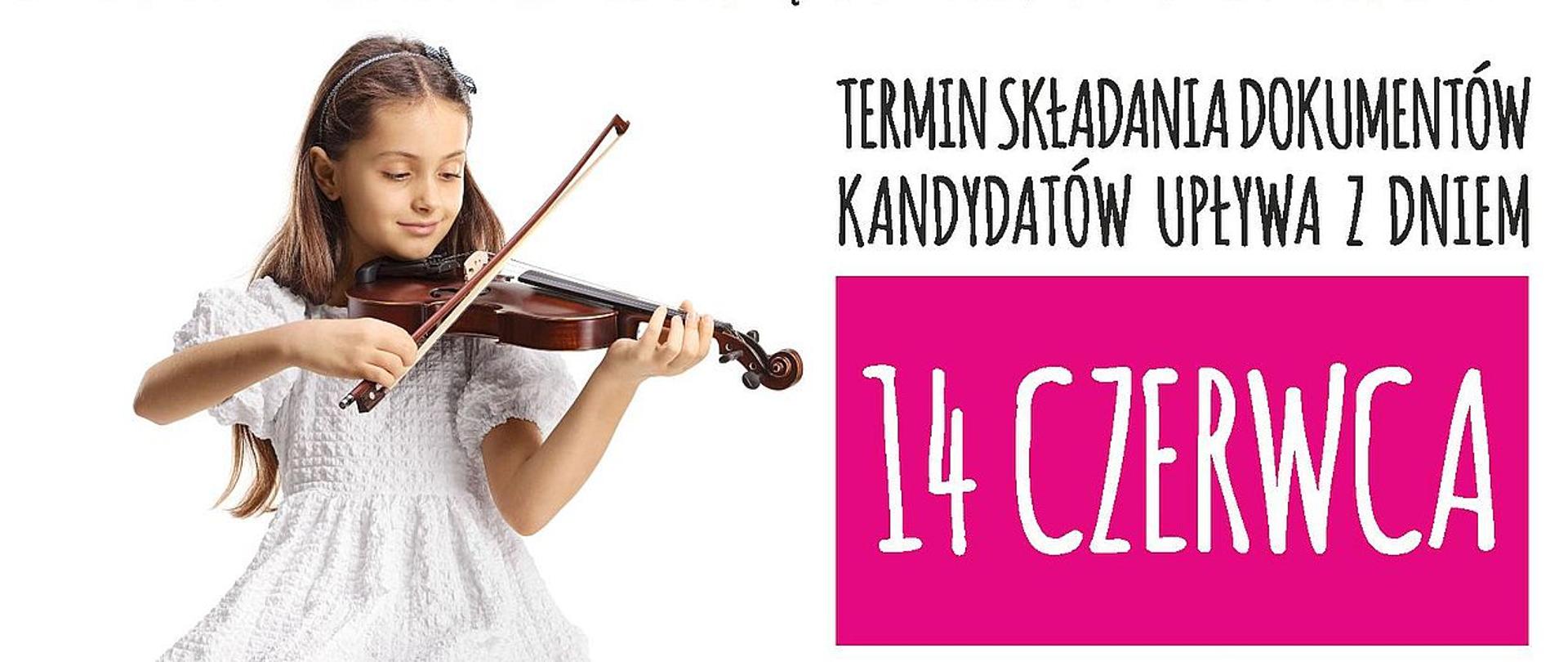 Plakat reklamujący dodatkową rekrutację do PSM I stopnia w Jarocinie. Po lewej stronie siedzi dziewczynka grająca na skrzypcach.