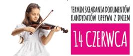 Plakat reklamujący dodatkową rekrutację do PSM I stopnia w Jarocinie. Po lewej stronie siedzi dziewczynka grająca na skrzypcach.