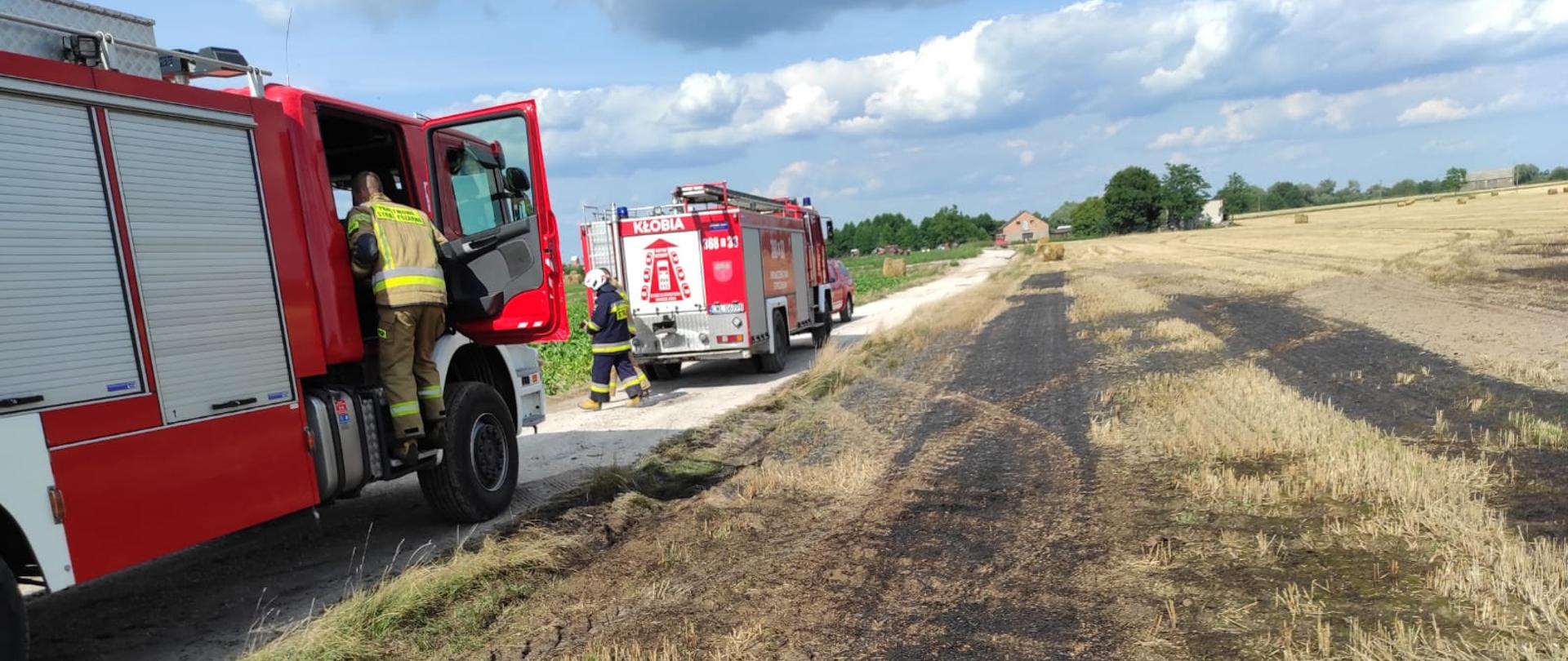 Na zdjęciu widoczne pasy wypalonego rżysko, wzdłuż drogi. Na drodze stoją dwa wozy pożarnicze po akcji. Z jednego wychodzi strażak w umundurowaniu bojowym. W dali zabudowania.