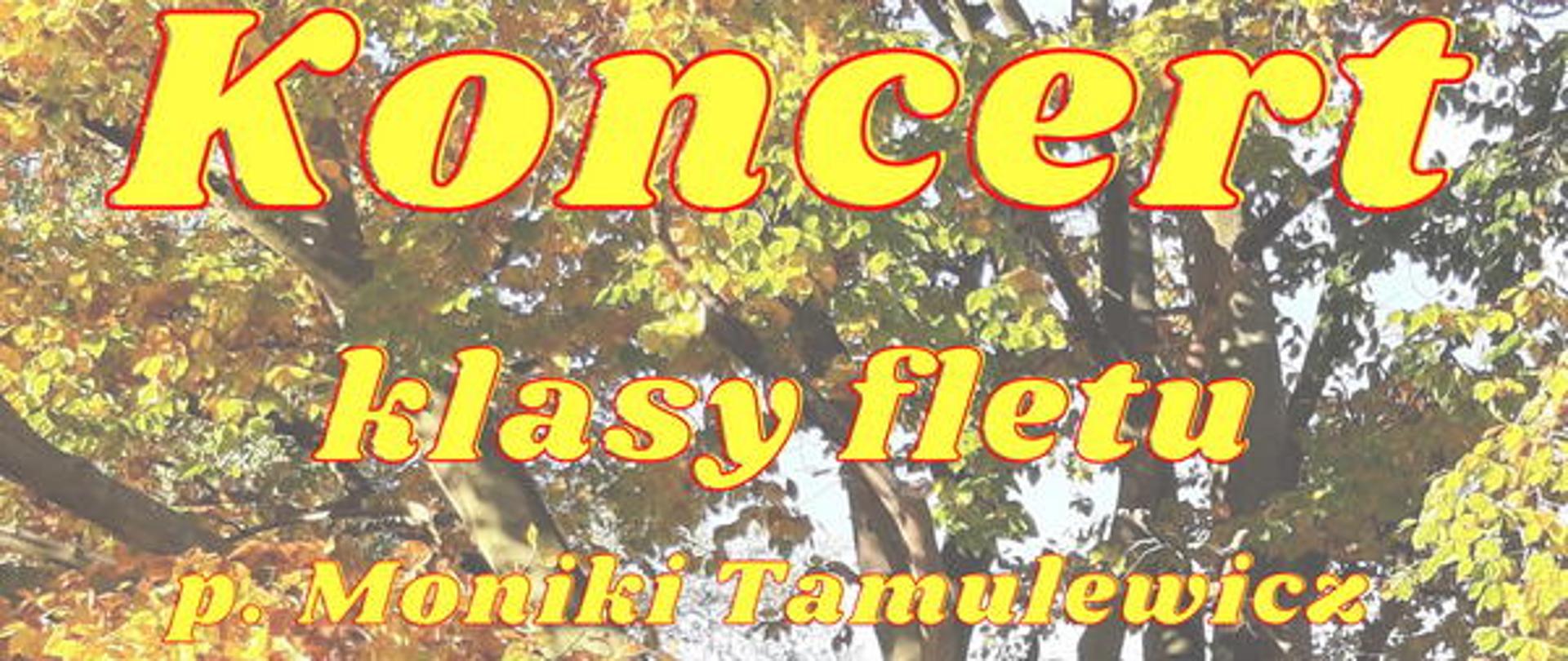 Grafika przedstawiająca plakat koncertowy. Rozjaśnione zdjęcie parku, centralnej części duże drzewo z liśćmi w kolorach jesiennych, w prawym rogu widoczny klif i morze. Na tle zdjęcia napisy - żółtą czcionką: Koncert klasy fletu p. Moniki Tamulewicz, pomarańczową czcionką: 6 PAŹDZIERNIKA 2022 r. (CZWARTEK) godz. 16.00, czerwoną czcionką: Sala Koncertowa PSM I st. im. Janiny Garści w Tczewie.