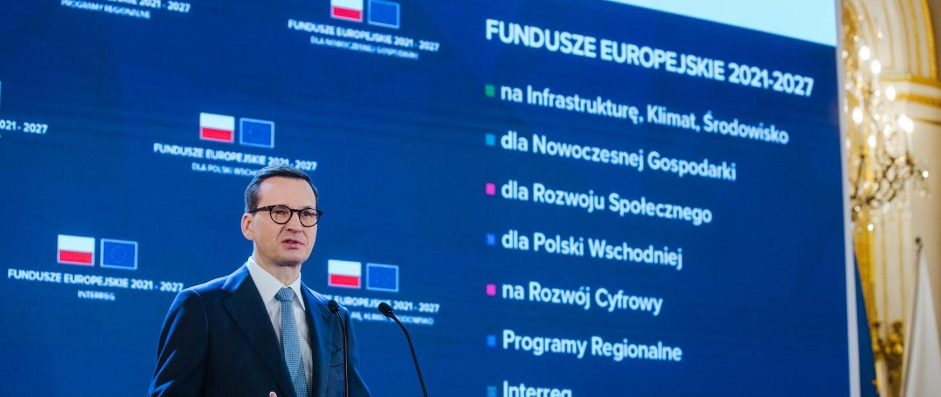 Premier Mateusz Morawiecki podczas uroczystości otwarcia nowej perspektywy finansowej UE na lata 2021-2027.