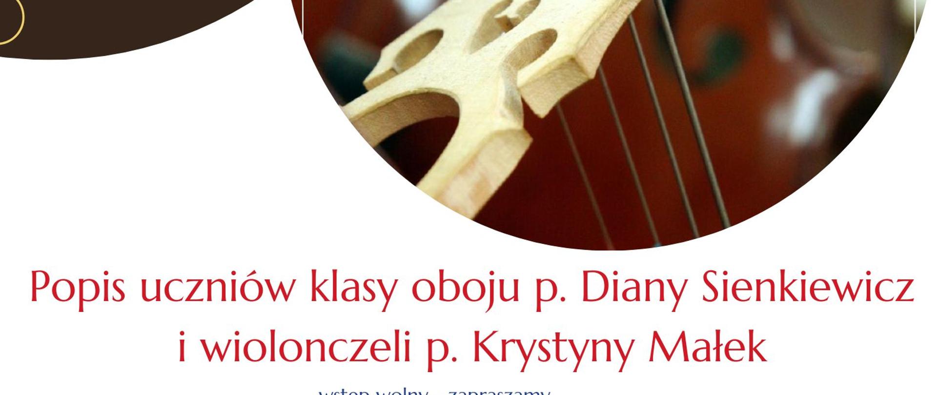 Plakat pionowy zawierający informację o popisie uczniów klasy wiolonczeli i oboju, na środku trzy okręgi stykające się obrzeżami , w pierwszy okręgu po lewej stronie czerwonymi literami data 22 listopad, żółtymi godzina 18.00, dwa kolejne okręgi przedstawiają zdjęcie oboju oraz wiolonczeli. u góry plakatu od lewej strony logotyp Funduszy Europejskich, logo PSM I st.w Giżycku , flaga Unii Europejskiej