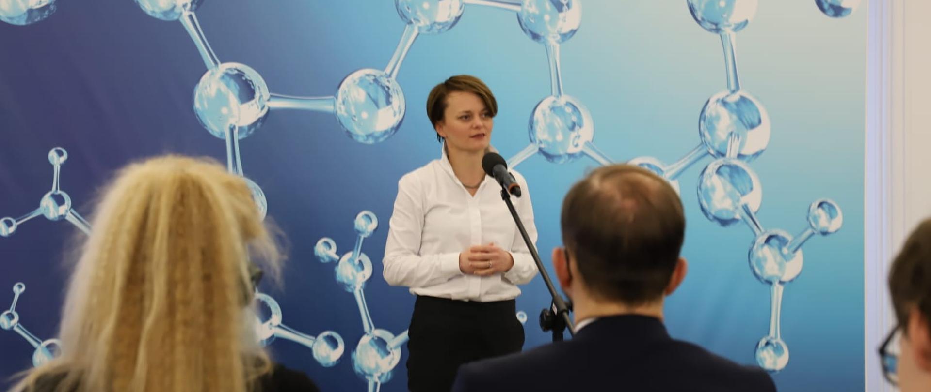 Minister Jadwiga Emilewicz na tle biało-niebieskiej grafiki 