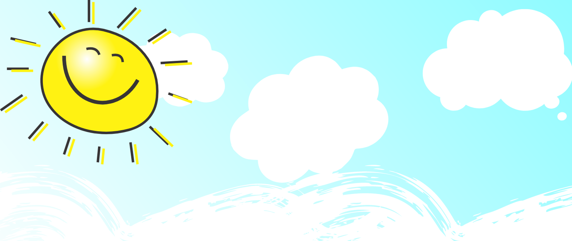 Kolorowy plakat z morzem, słońcem, chmurkami, palmami i życzeniami udanych i spokojnych wakacji