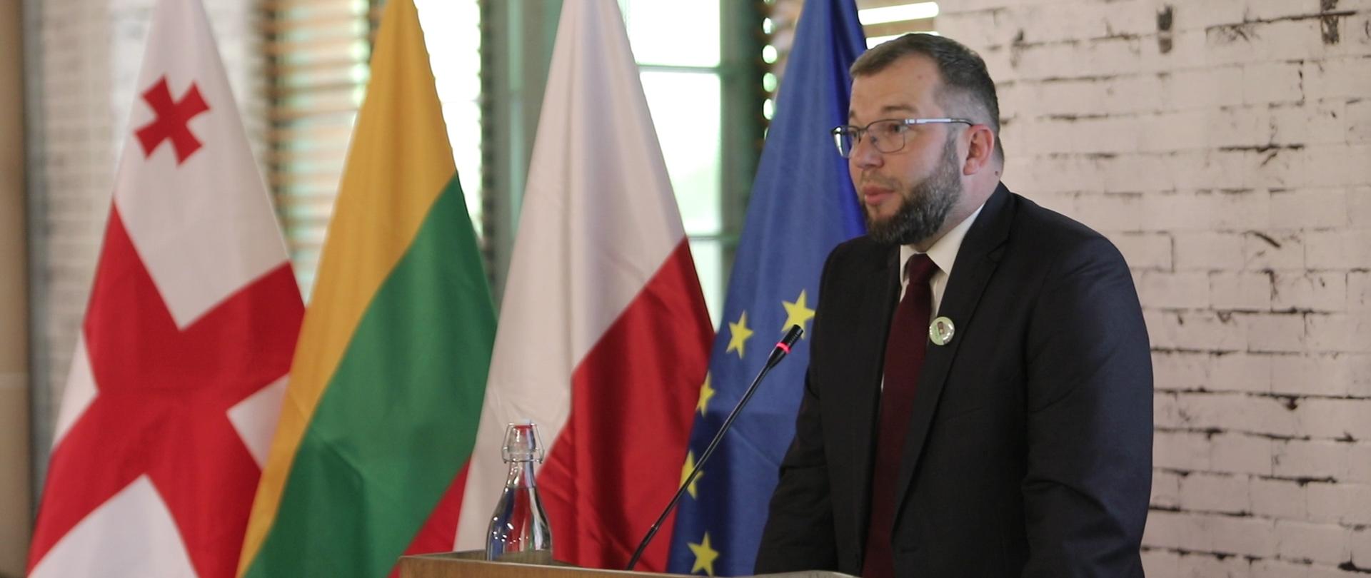 Minister Grzegorz Puda podczas wystąpienia na konferencji, w tle flagi m.in. Polski, Unii Europejskiej, Gruzji