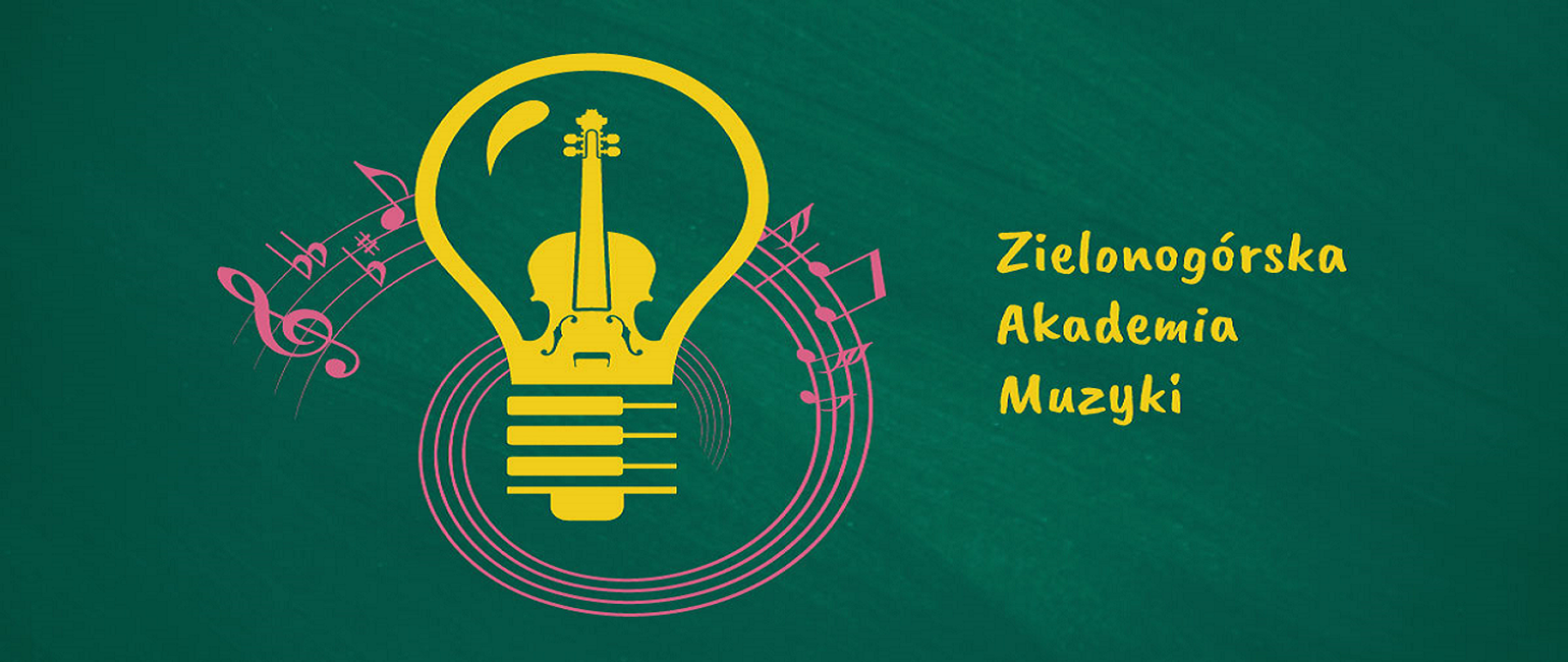 Zielone tło, żółte logo w kształcie żarówki w połączeniu z gitarą, w oplocie pięciolinii z nutami