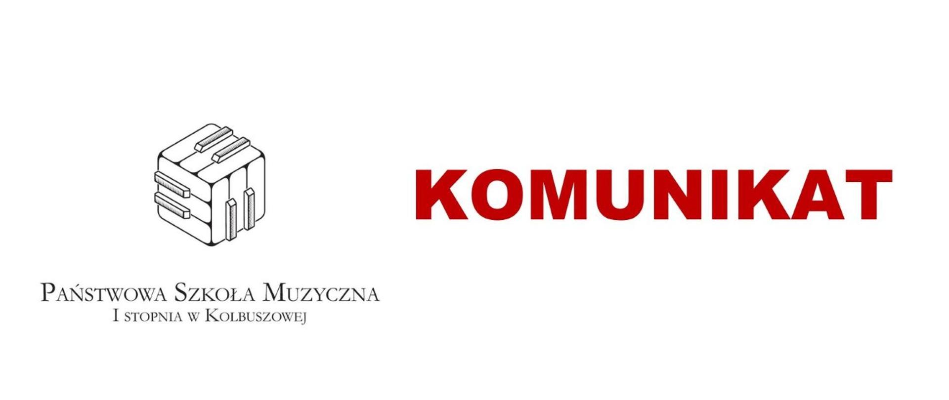 Komunikat w kolorze czerwonym na białym tle. Po lewej stronie logo szkoły.