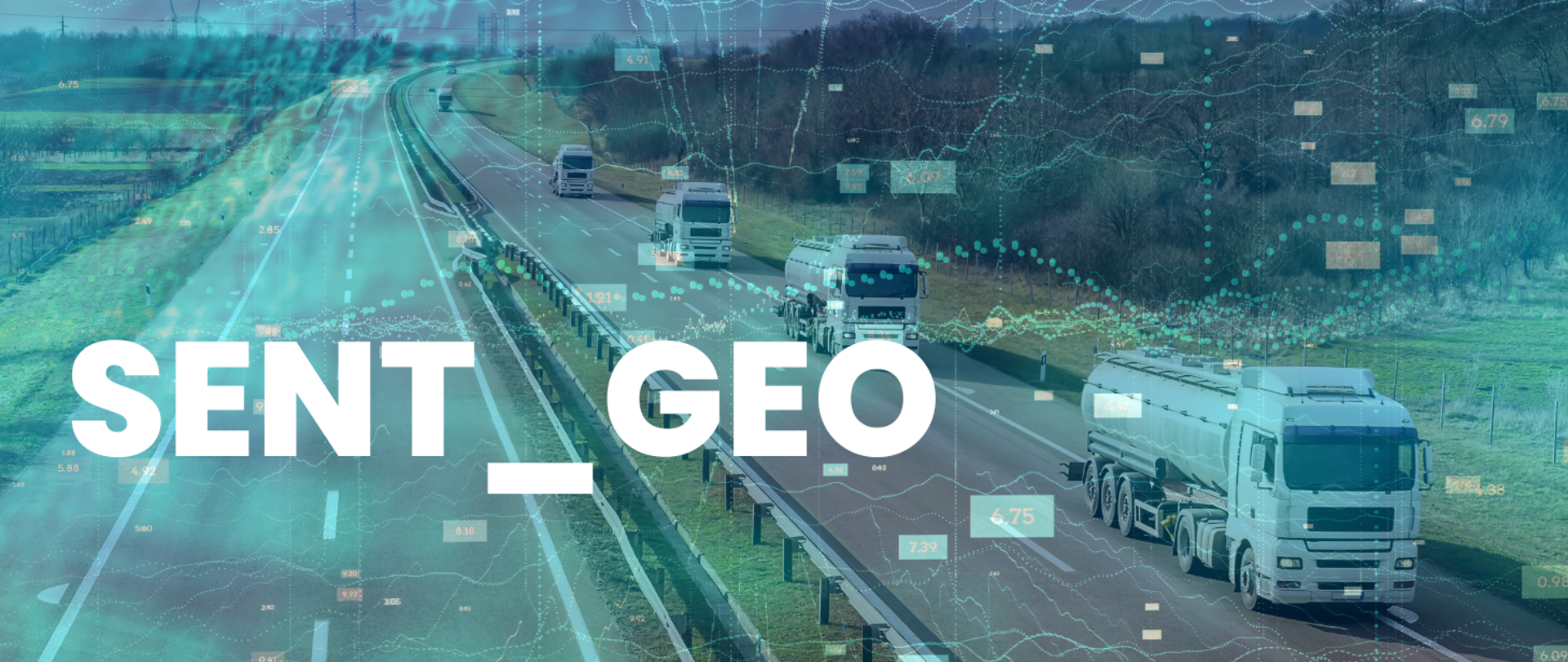 Ilustracja przedstawiająca zdjęcie autostrady i jadących po niej kilku ciężarówek. Na jego tle umieszczono półprzezroczyste elementy graficzne: ciągi liczb i wykresy. Na pierwszym planie po lewej stronie duży biały napis: SENT GEO.