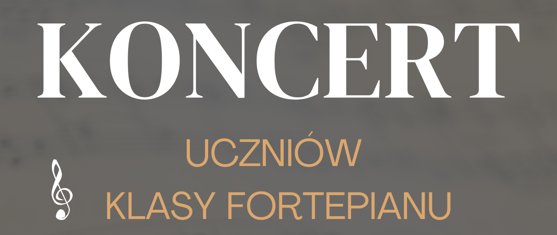 Na obrazku na brązowym tle dostrzegamy kartkę z książki muzycznej z pięcioliniami i nutami. U góry biały napis "koncert", poniżej pomarańczowy napis "uczniów klasy fortepianu Pani Eugenii Mazur". Dalej na pomarańczowych prostokątach biały napis "25 kwietnia 2023 godz. 16:00". Poniżej po lewej stronie grafika dziewczynki z czarnymi włosami w niebieskiej sukience, która gra na czarnym fortepianie. Po prawej stronie biały napis "sala kameralna". U dołu na \srodku biały napis "zapraszamy".