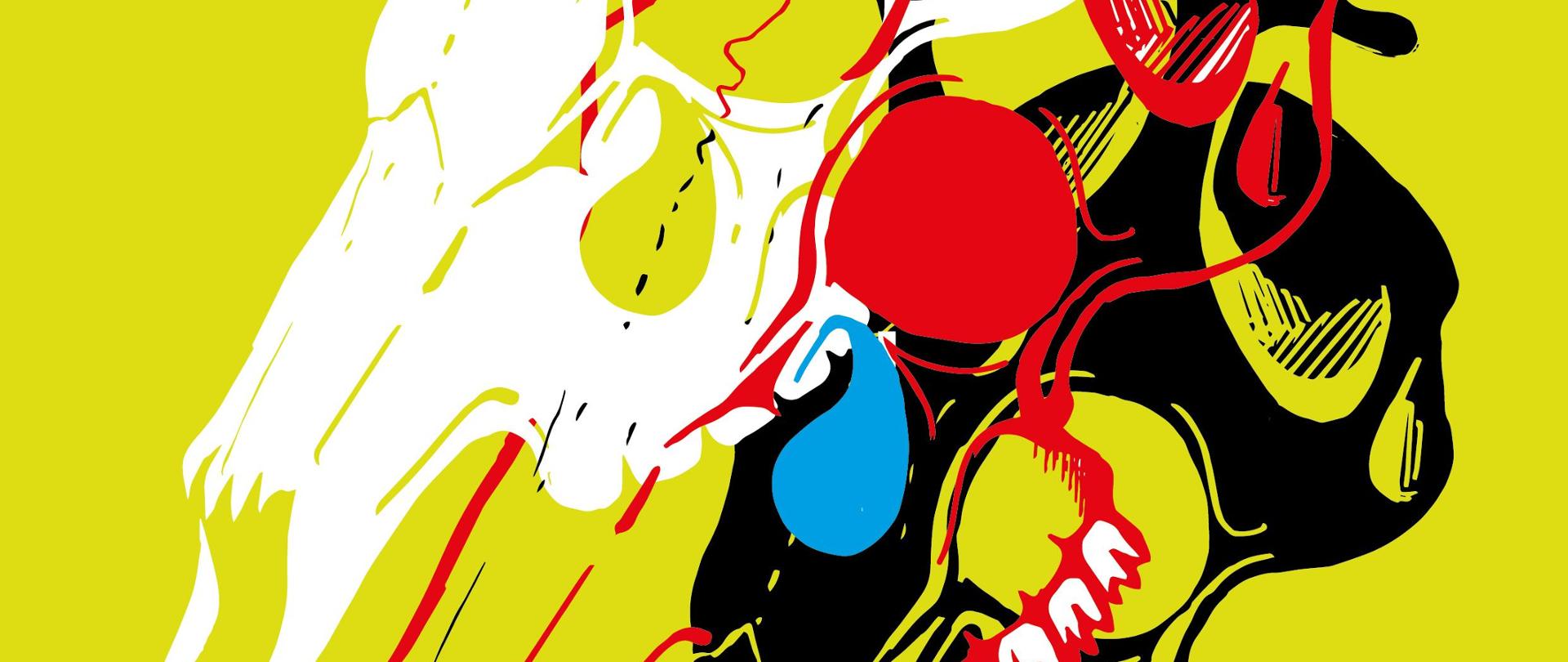 Plakat – graficzne przedstawienie białej i czarnej czaszki, oraz czaszki narysowanej czerwonym obrysem; poniżej napis NIEŚMIERĆ