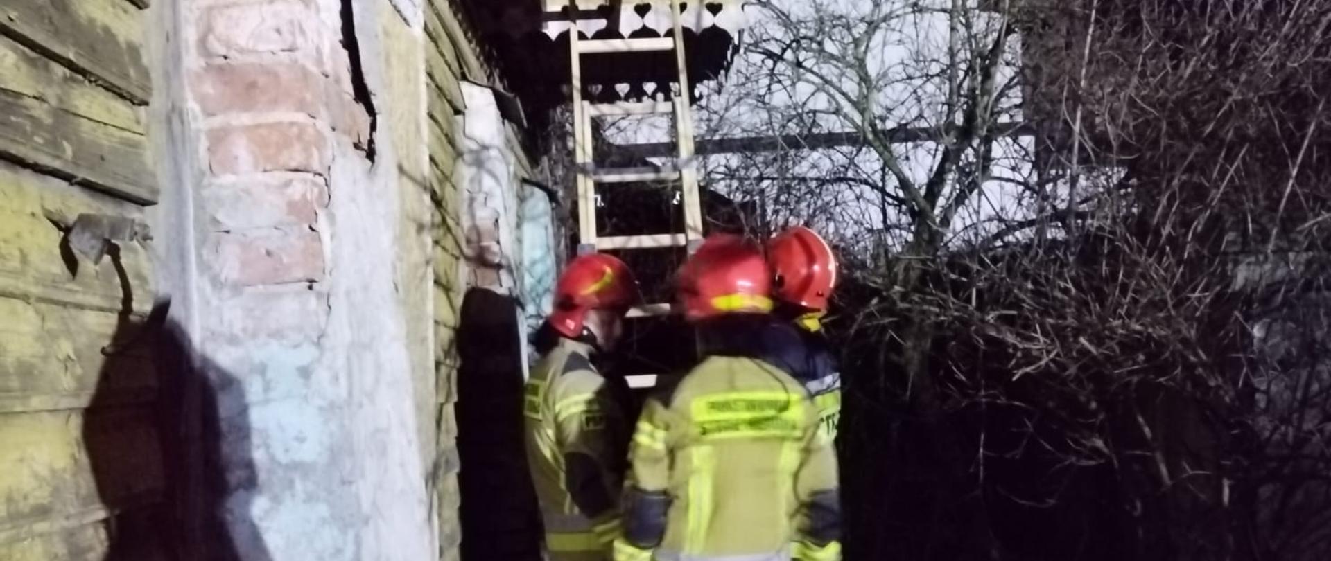 Strażacy przystawiają drabinę do budnku