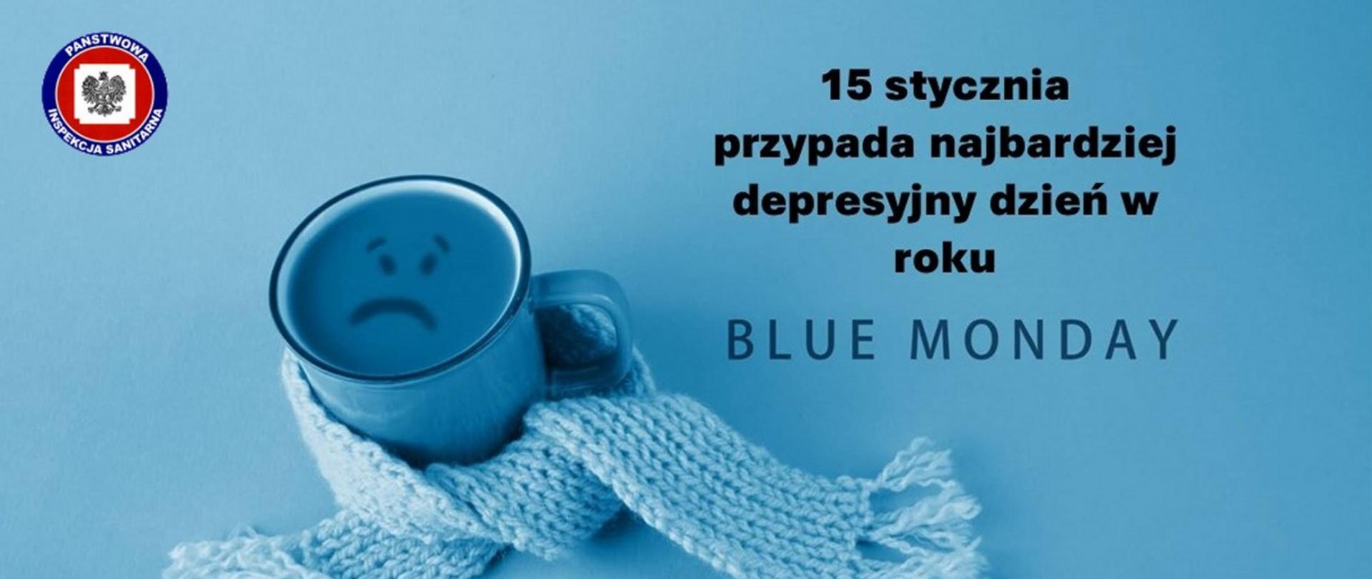 Na środku umieszczony jest niebieski kubek napełniony niebieskim płynem, na powierzchni którego naniesiono smutną minę. Kubek owinięty jest niebieskim szalikiem. Po lewej stronie umieszczone jest logo Państwowej Inspekcji Sanitarnej. Po prawej stronie umieszczono napis "15 stycznia przypada najbardziej depresyjny dzień w roku. BLUE MONDAY".
