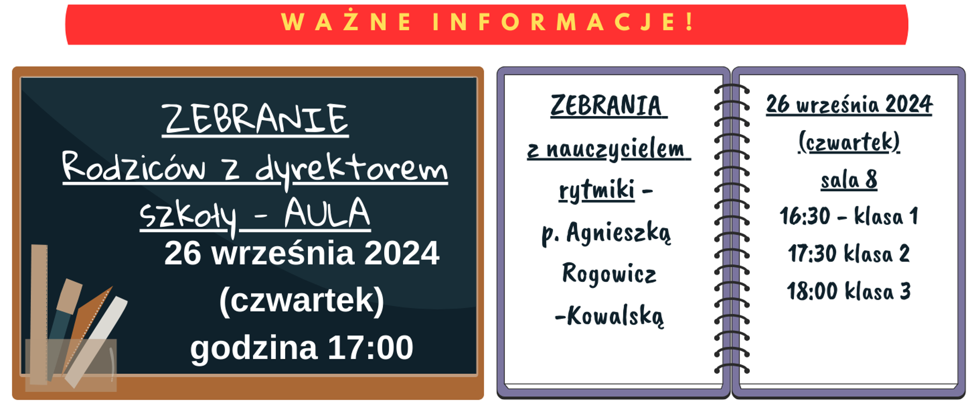 Na białym tle na górze czerwony prostokąt a na nim żółty napis WAŻNE INFORMACJE!. Z lewej strony grafika tablicy szkolnej z przyborami do pisania i na niej napis: Zebranie Rodziców z dyrektorem szkoły - AULA 26 września 2024 (czwartek) godzina 17:00. Z prawej strony grafika otwartego zeszytu i napis: Zebranie z nauczycielem rytmiki - p. Agnieszką Rogowicz-Kowalską 26 września 2024 (czwartek) sala8, 16:30 - klasa 1, 17:30 klasa 2, 18:00 klasa 3.