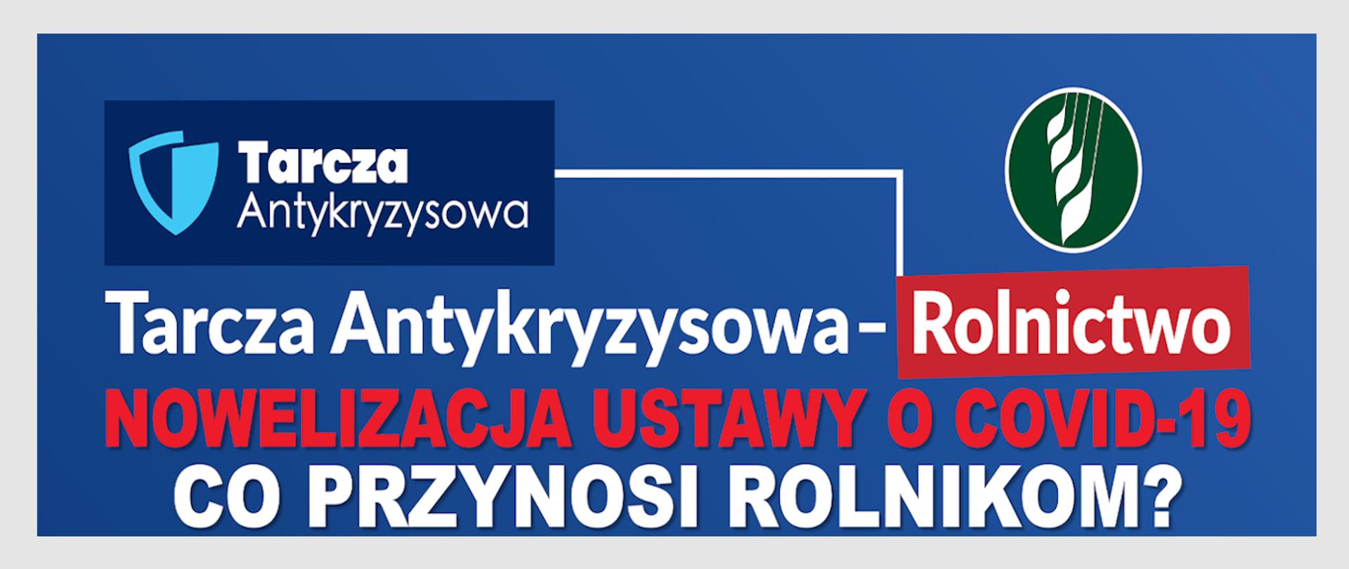 Po lewej stronie rysunek tarczy z napisem: Tarcza antykryzysowa. Po prawej stronie rysunek łanu zboża w kole.
W dolnej części napis:
Tarcza antykryzysowa - rolnictwo.
Nowelizacja ustawy o covid-19.
Co przynosi rolnikom?