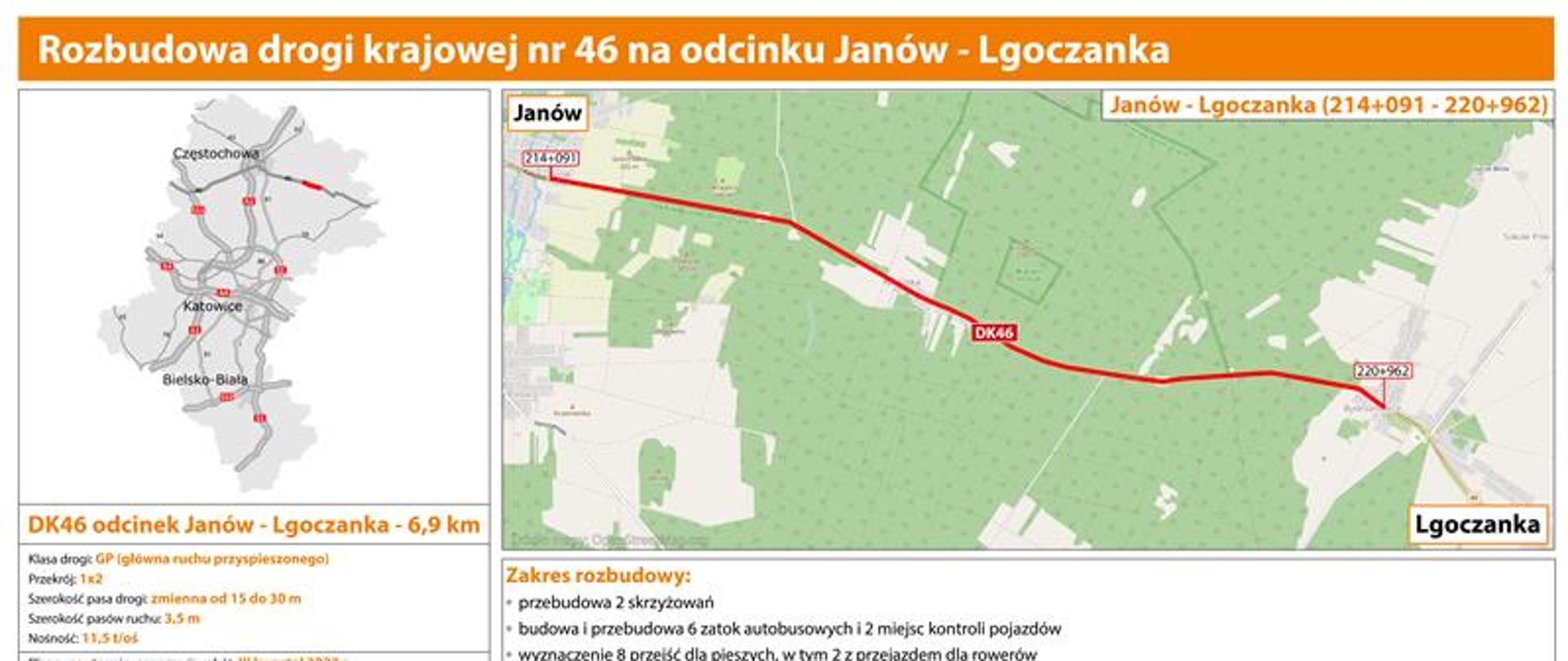 Orientacyjny przebieg rozbudowy DK46 na odcinku Janów - Lgoczanka