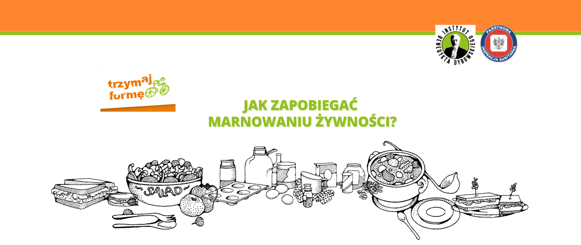 Na białym tle zielony napis "Jak zapobiegać marnowaniu żywności?" Poniżej napisu grafiki produktów żywnościowych.