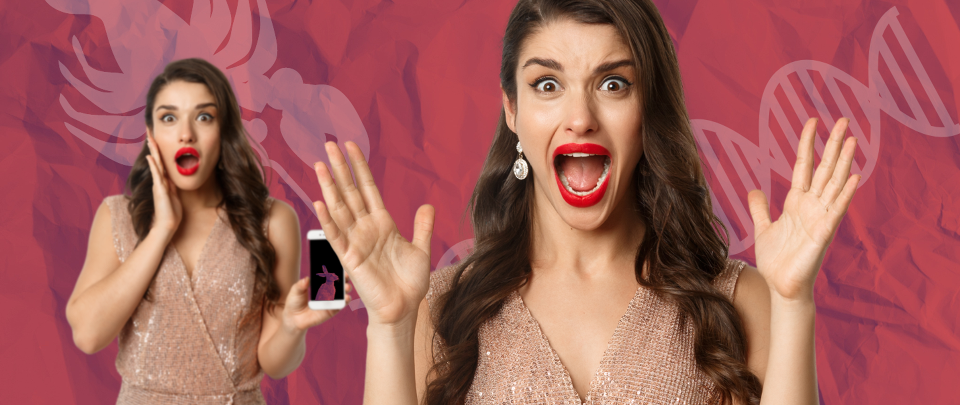 Na ilustracji dwa zdjęcia tej samej kobiety: na jednym trzyma telefon komórkowy, ma zaniepokojony i zdziwiony wyraz twarzy. Na drugim, bardziej na pierwszym planie, podnosi ręce i krzyczy. W tle rysunek raka i łańcucha DNA.