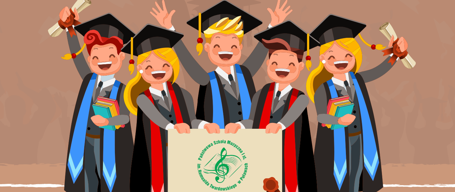 Plakat koncertu z grafiką absolwentów w togach na brązowym tle
