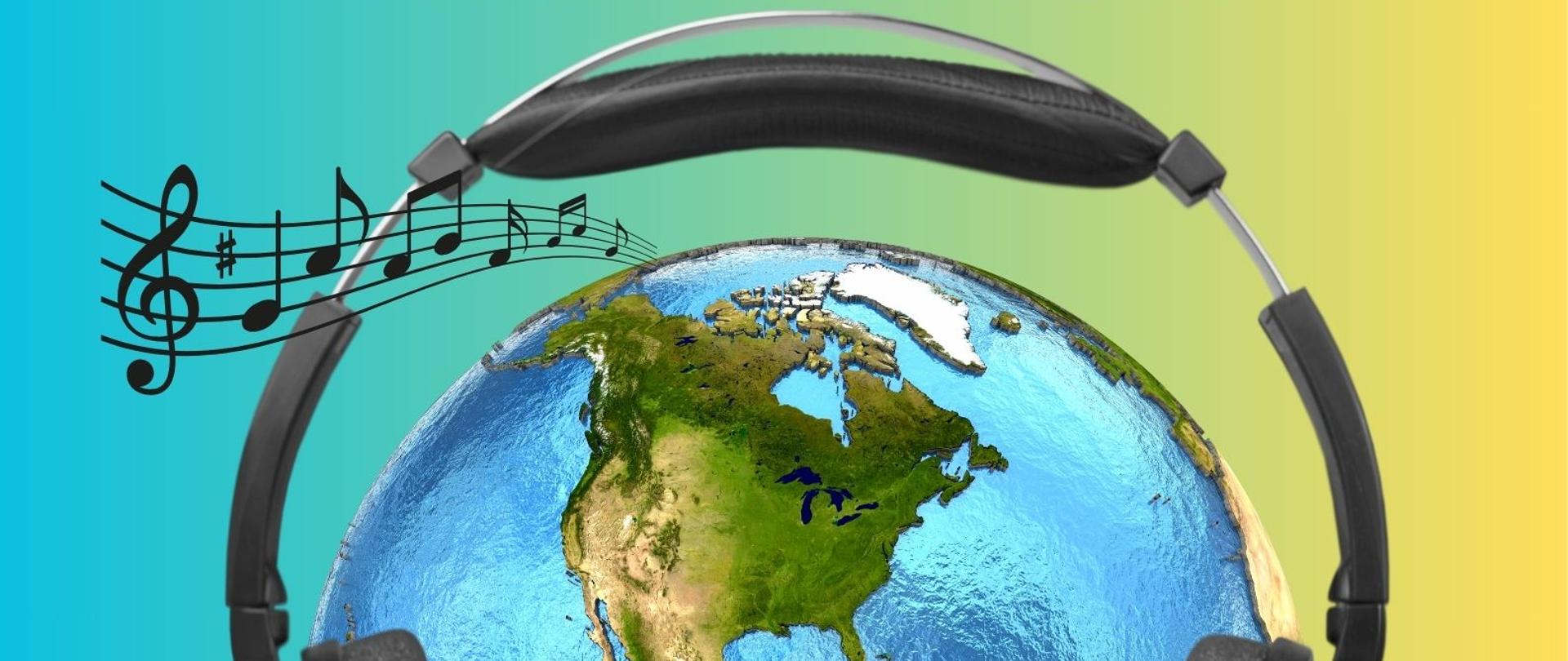Kolorowy plakat z grafiką kuli ziemskiej w słuchawkach i tekstem informującym o koncercie