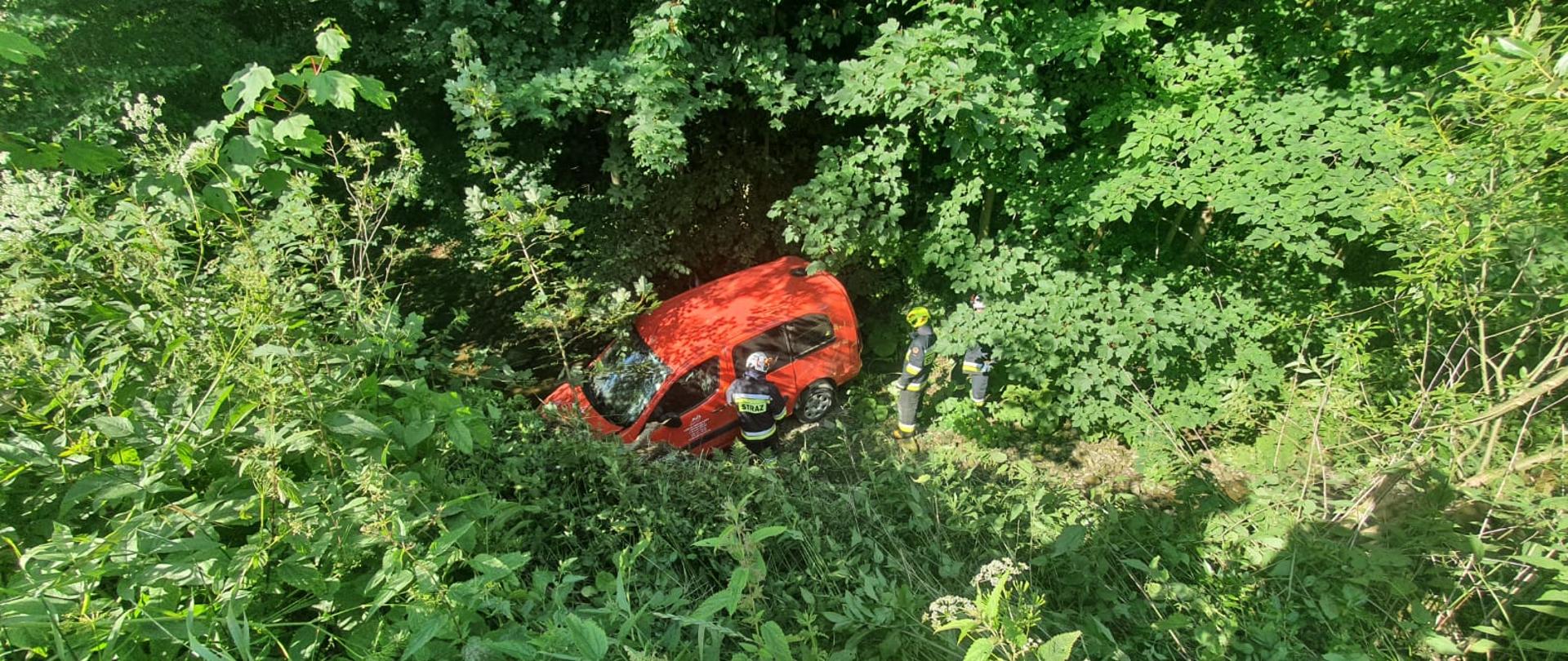 Samochód osobowy koloru czerwonego w zaroślach w potoku.