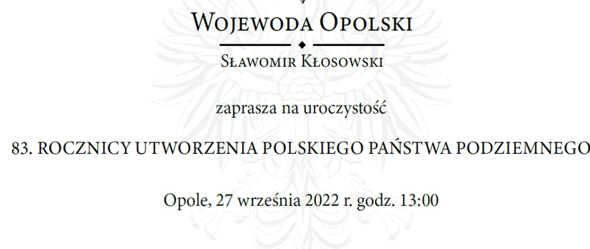 Zaproszenie na obchody 83. rocznicy utworzenia Polskiego Państwa Podziemnego