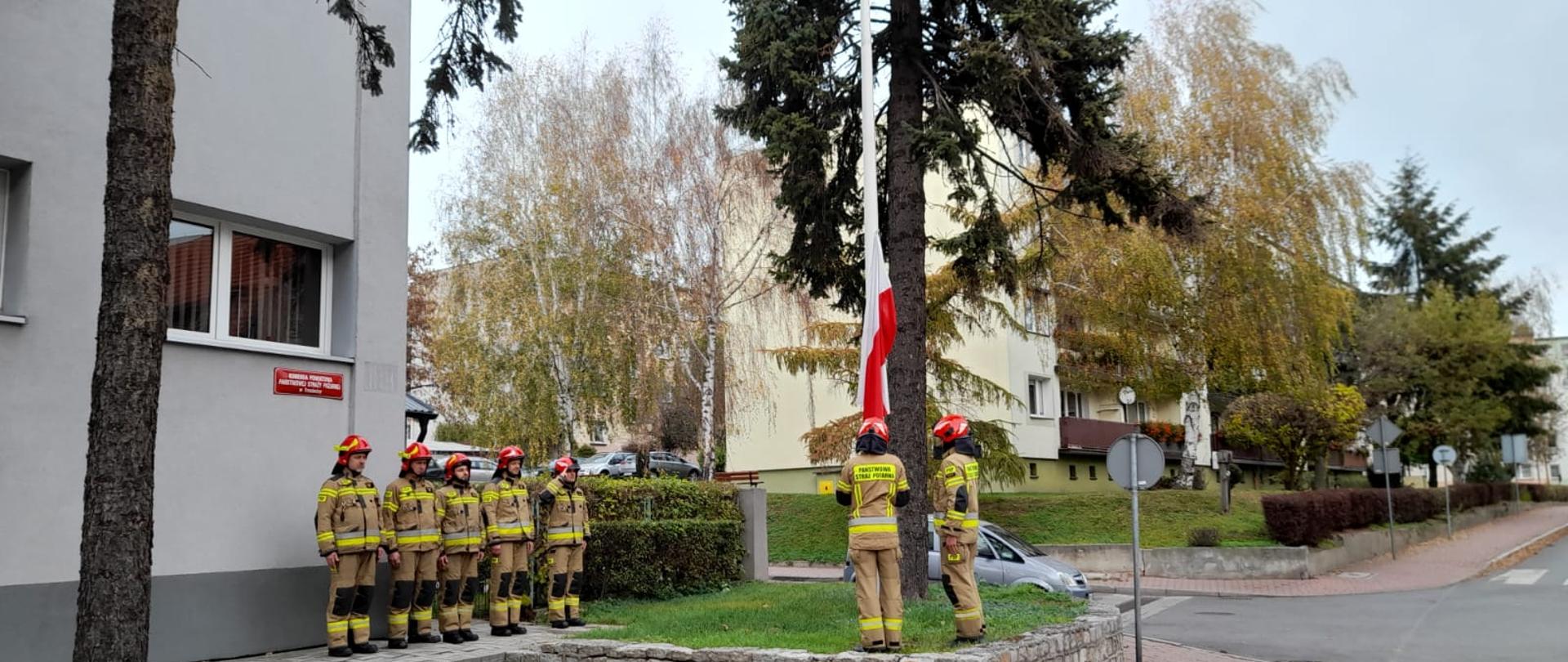 Strażacy w umundurowaniu bojowym oddający hołd przy fladze Polski