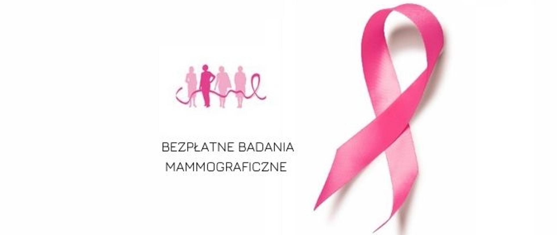Na białym tle widoczne są sylwetki trzech kobiet w kolorze różowym i druga od lewej stronie w kolorze fuksji. .Kobiety oplecione wstążką w kolorze fuksji. Wstążka po prawej stronie ułożona w symbol walki z rakiem. Na dole obrazka drukowanymi literami w kolorze fuksji w dwóch wierszach zamieszczono napis "BEZPŁATNE BADANIE MAMMOGRAFICZNE"