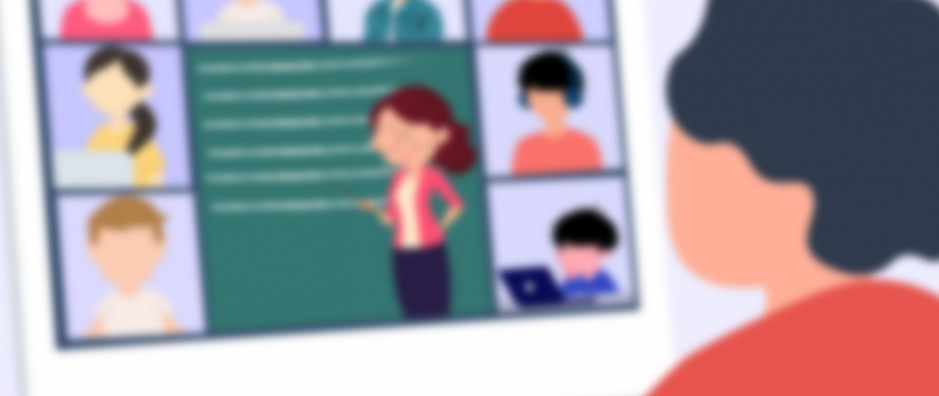 Widok ekranu komputera z wirtualną klasą — uczestnicy w małych oknach, nauczyciel przed zieloną tablicą z nieczytelnym tekstem.