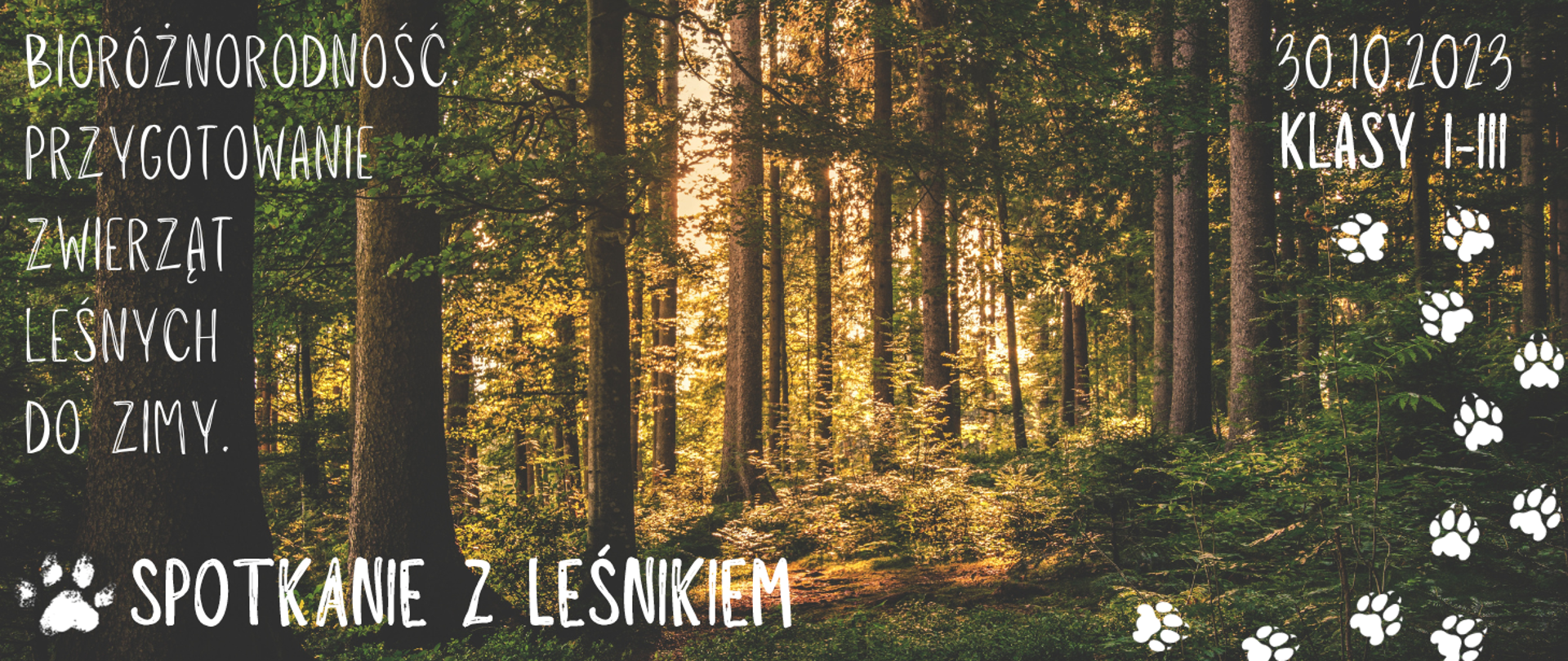 Na tle zdjęcia lasu informacja o o spotkaniu z leśnikiem klas I-III w dniu 30.10.2023r.