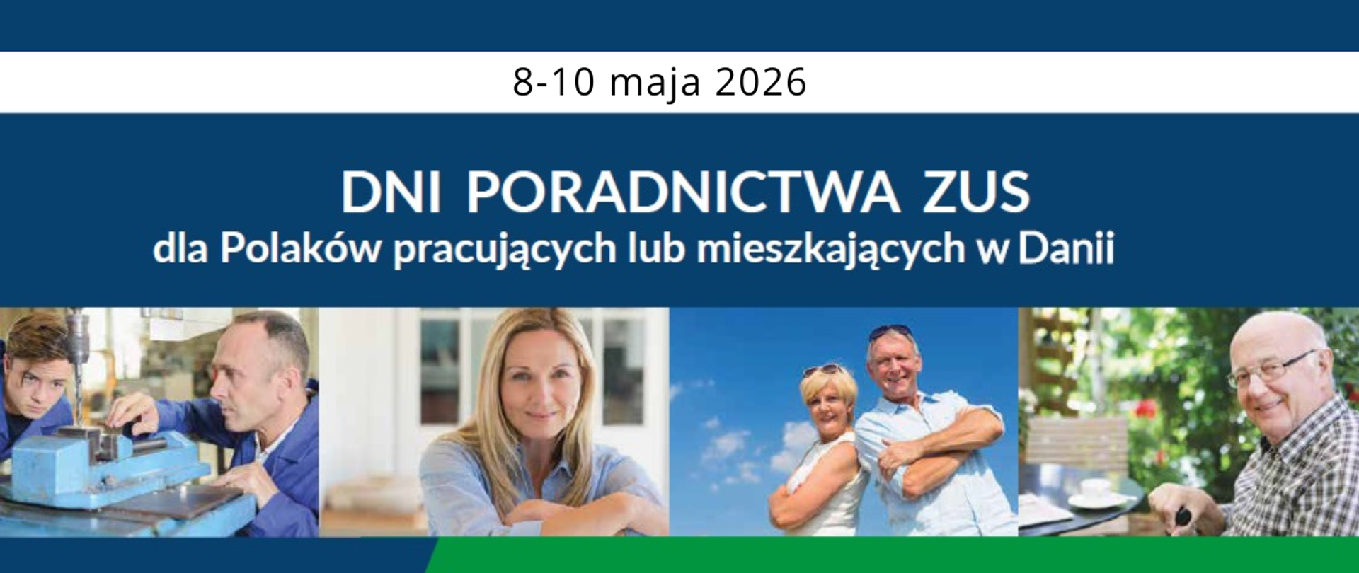 Baner informacyjny „Dni poradnictwa ZUS dla Polaków pracujących lub mieszkających w Danii” z grafikami przedstawiającymi osoby w różnym wieku oraz sceny z pracy i życia codziennego.