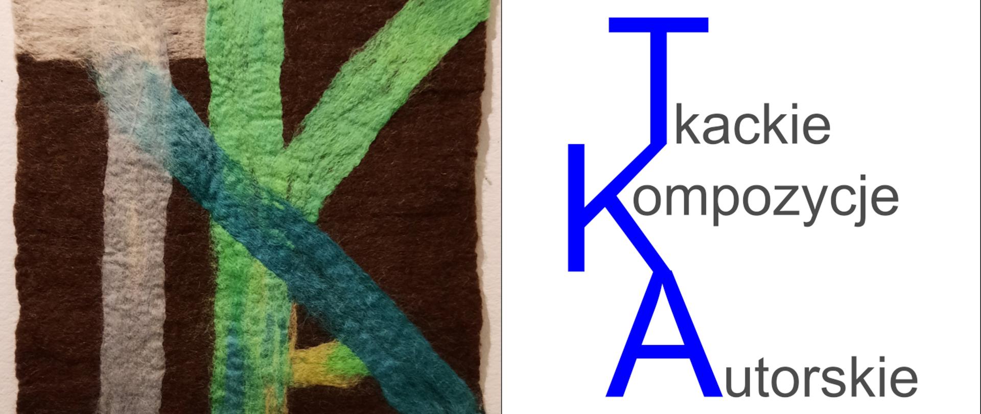 Obraz podzielony w pionie. Lewa strona – na brązowym tle szerokie pasy tworzące litery TKA. Na prawej części- białe tło, napis Tkackie Kompozycje Autorskie, pierwsze, duże litery w kolorze niebieskim, tekst czarny 