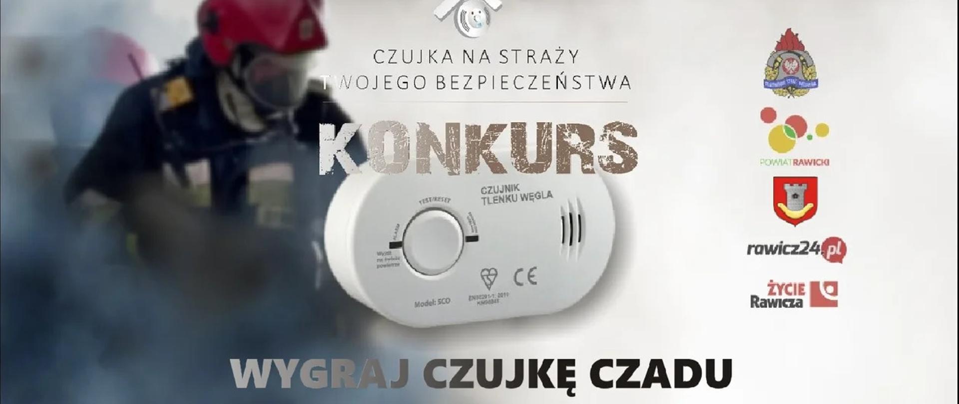 Czujka na straży Twojego bezpieczeństwa. Plansza reklamowa. Na niej strażak w czerwonym hełmie, logo akcji, czujnik tlenku węgla oraz logotypy organizatorów, a także napis KONKURS WYGRAJ CZUJKĘ CZADU.