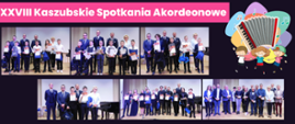 Grafika kolorowa. Montaż zdjęć. XXVIII Kaszubskie Spotkania Akordeonowe. Na zdjęciach uczestnicy konkursu trzymający dyplomy oraz ich pedagodzy. W prawym górnym rogu grafika kolorowa - grupa dzieci trzymających się za ręce na tle akordeonu.