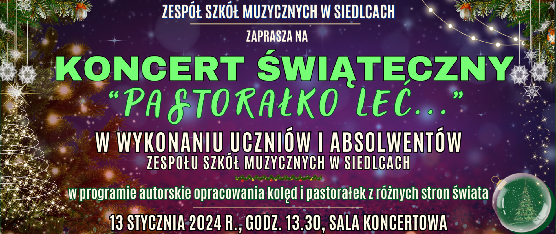 kolorowe ciemne tło ze świątecznymi elementami oraz informacja o wydarzeniu