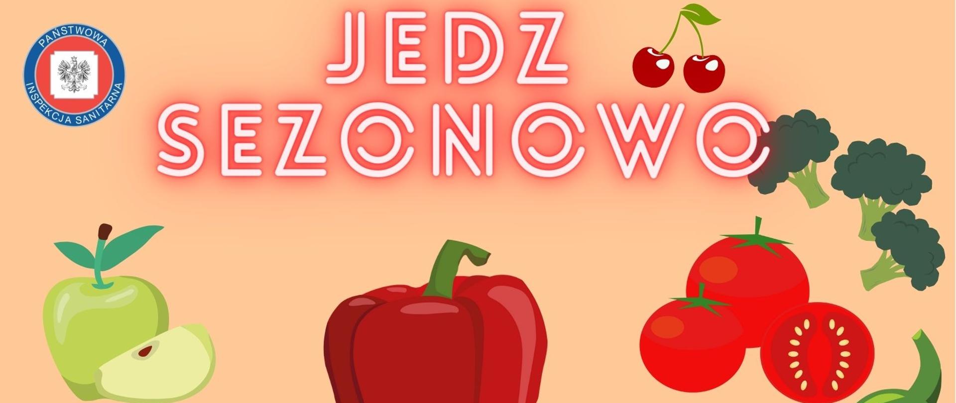 Grafika przedstawia warzywa i owoce sierpniowe: paprykę, fasolkę szparagową, brokuły, bakłażana, kalafiora, pomidory, wiśnie, jabłka