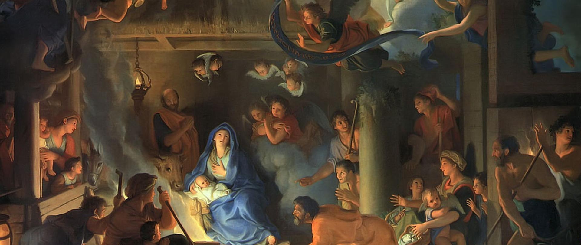 Obraz w poziomie. W centrum, wśród ruin Święta Rodzina. Wokół nich pasterze oraz aniołowie.
