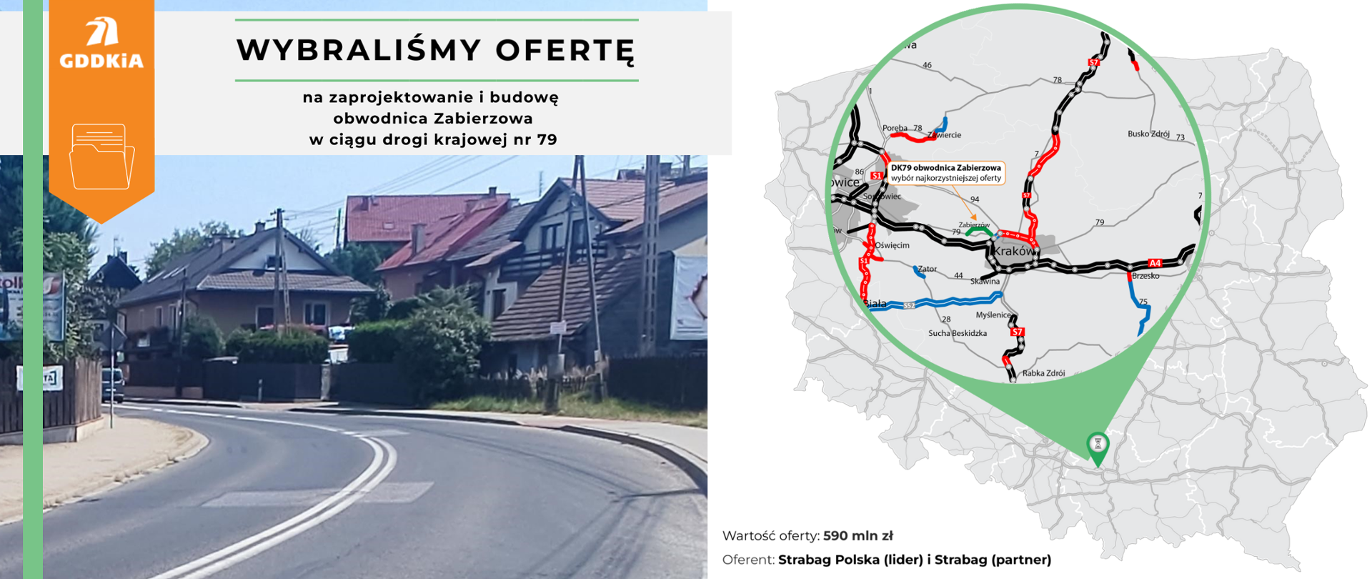 po prawej stronie ekranu jest zdjęcie ulicy i domów, po lewej mapka z zaznaczoną obwodnicą 