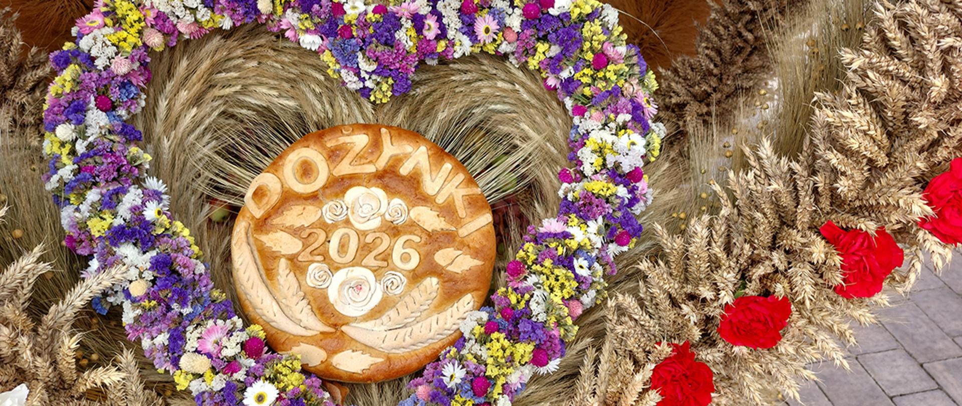 Na zdjęciu wieniec dożynkowy czyli tradycyjna ozdoba wykonywana ze zbóż, kwiatów, ziół, owoców i innych plonów, przygotowywana na dożynki, czyli święto kończące żniwa.