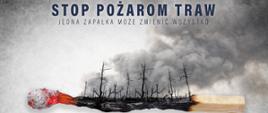 Plakat przedstawia zapaloną zapałkę na której widoczny jest krajobraz lasu po pożarze, zdjęcie jest podpisane stop pożarom traw jedna zapałka może zmienić wszystko