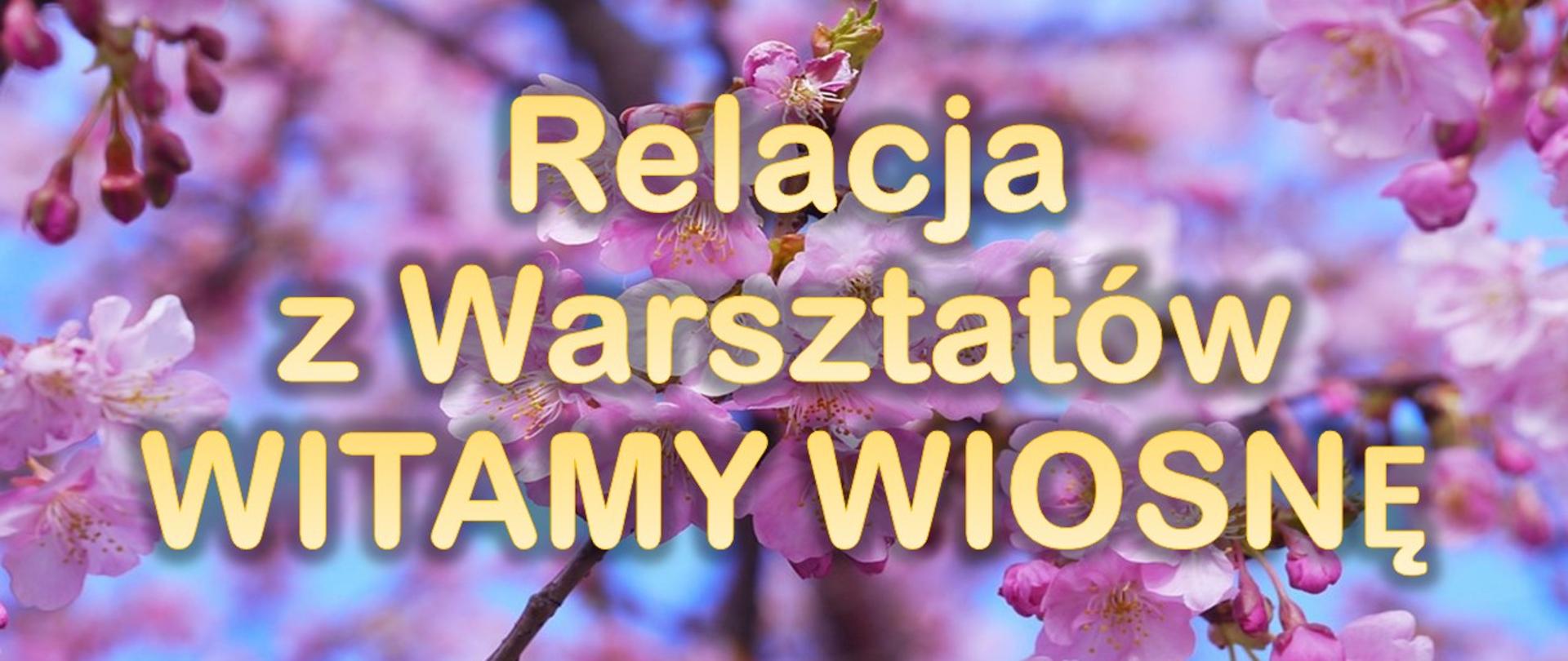 na tle błękitu nieba i kwitnących gałęzi, napis: Relacja z warsztatów WITAMY WIOSNĘ