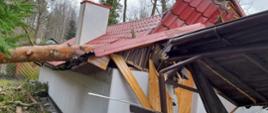 Zniszczony przez złamane drzewo domek letniskowy