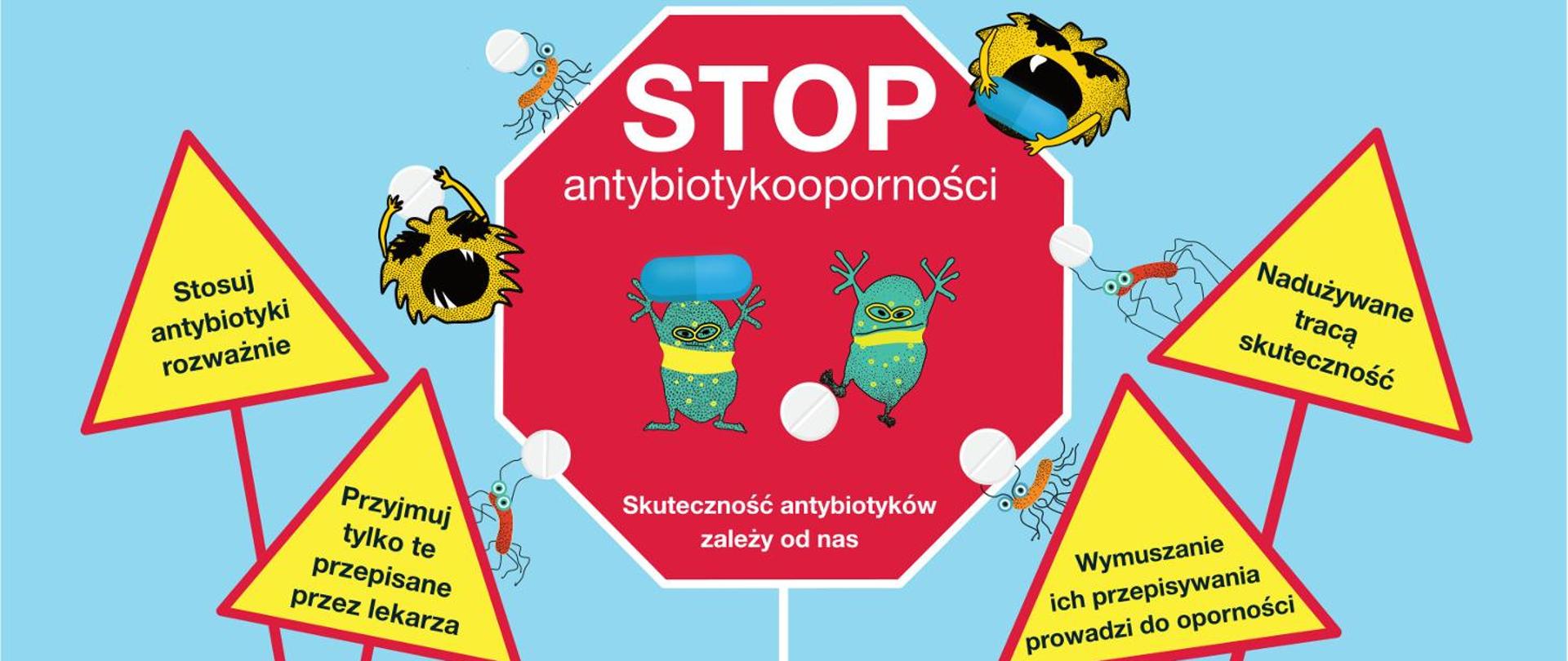 obrazek z czerwonym znakiem stopu na niebieskim tle. Na znaku widnieje napis “STOP antybiotykooporności”. Wokół znaku znajdują się ilustracje bakterii i pigułek. Bakterie są koloru zielonego i żółtego, a pigułki są koloru niebieskiego i czerwonego. Wokół znaku znajdują się dymki z napisami “Słuchaj antybiotyków rozważnie”, “Nadużywanie tracą skuteczność”, “Przyjmuj tylko te przepisane przez lekarza”, “Skuteczność antybiotyków zależy od nas”. Obrazek ten może być związany z kampanią społeczną dotyczącą antybiotyków i ich skutecznego stosowania.