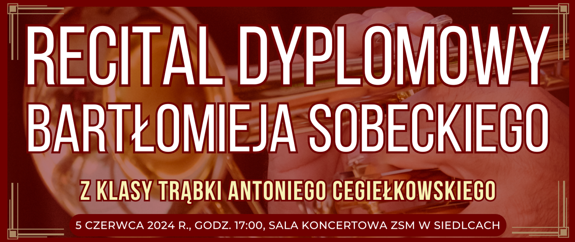 ciemne tło z widokiem trąbki oraz informacje o wydarzeniu